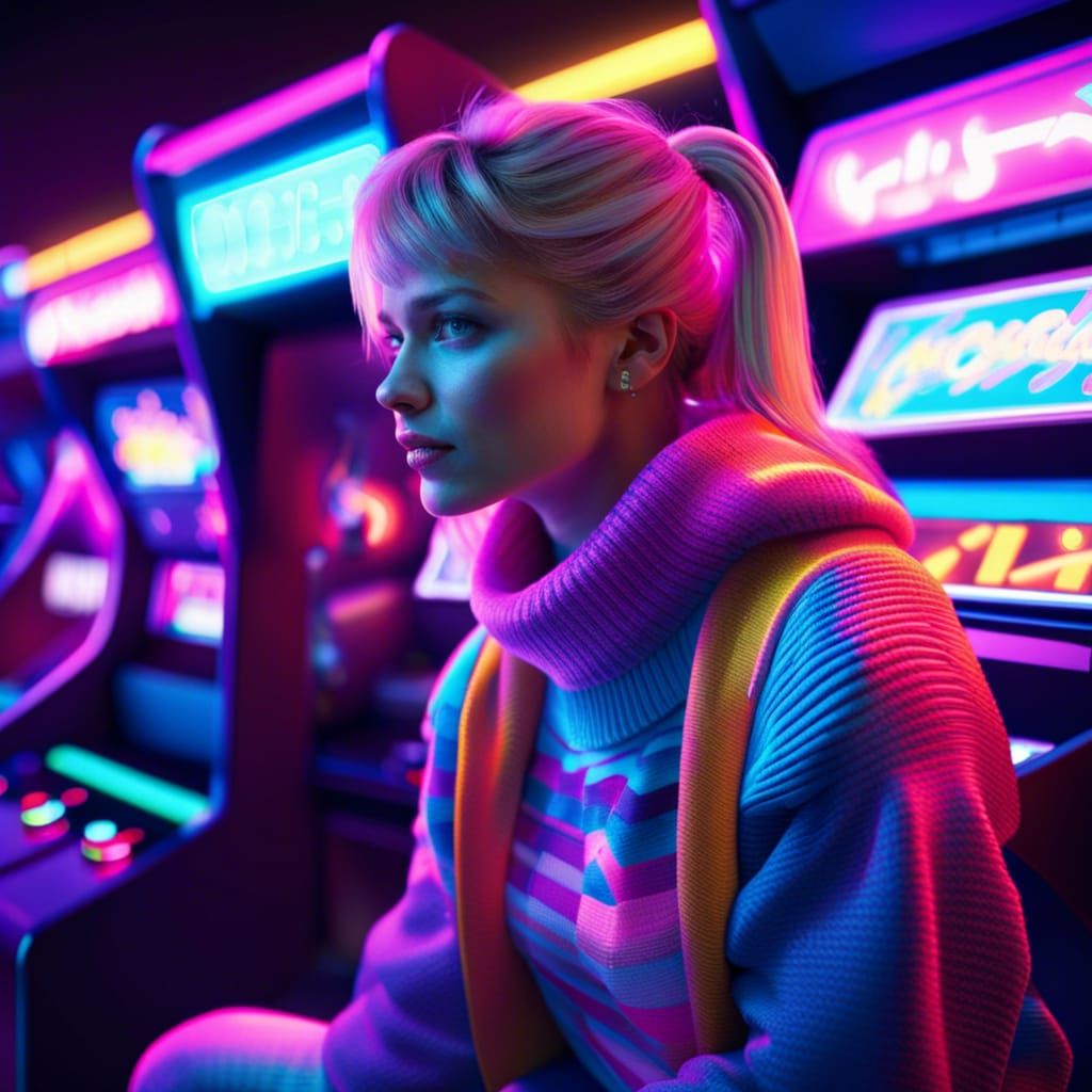 Vibrant 80s Arcade with Neon Lights in Photorealistic Style