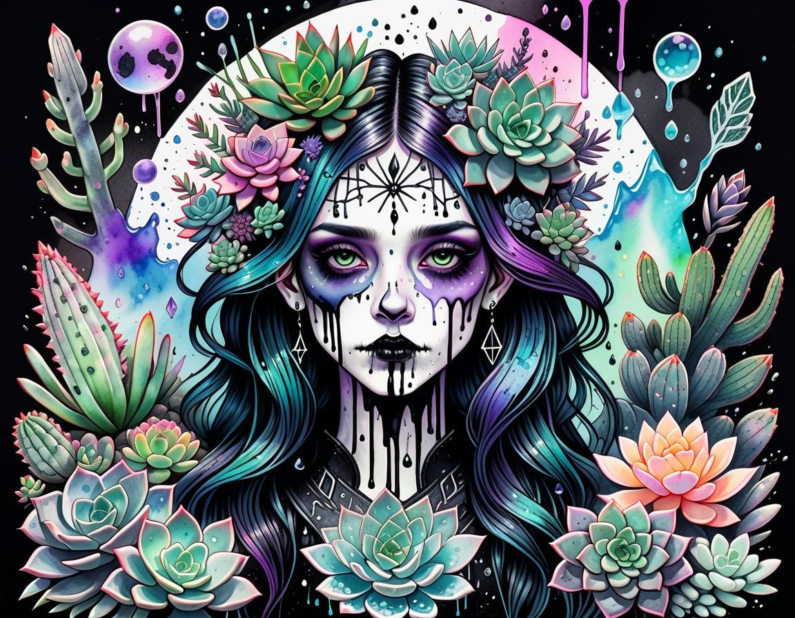 Pastel Goth Botanical Ink Drawings with Demoness