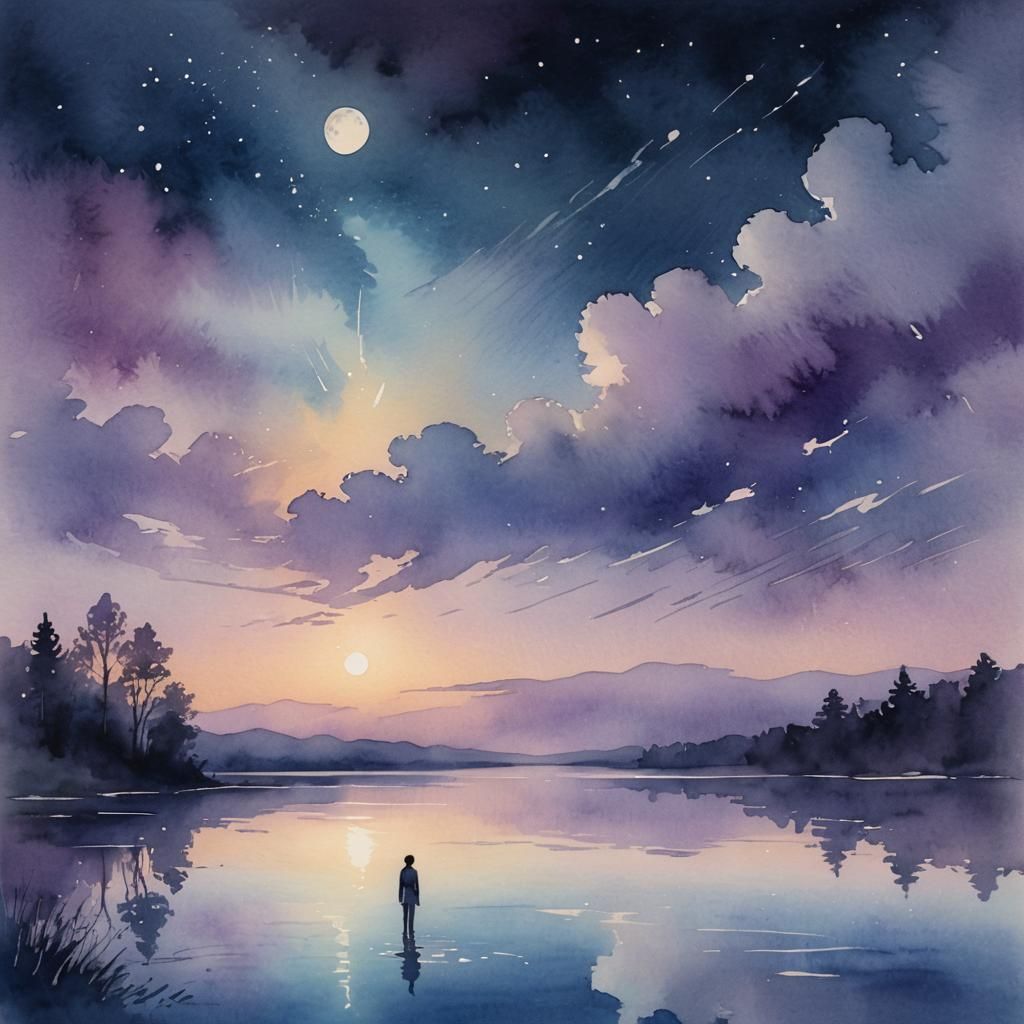 Dreamlike Lake Reflection Under Moonlight in Watercolor Styl...