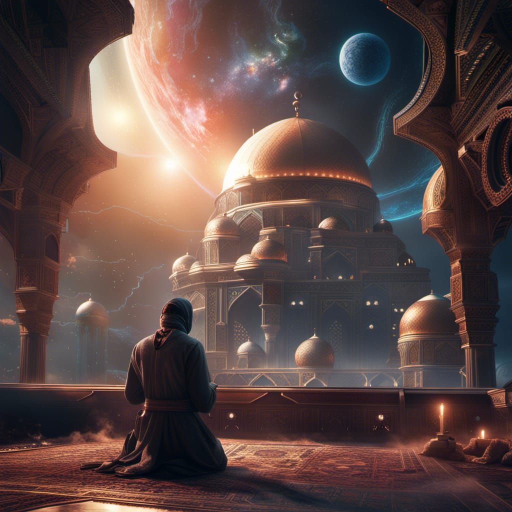 Muslim Prayer in Space: Detailed Matte Painting