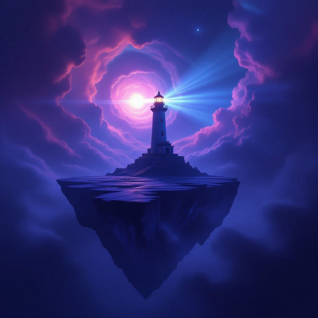 Cosmic Lighthouse on Floating Island in Nebula