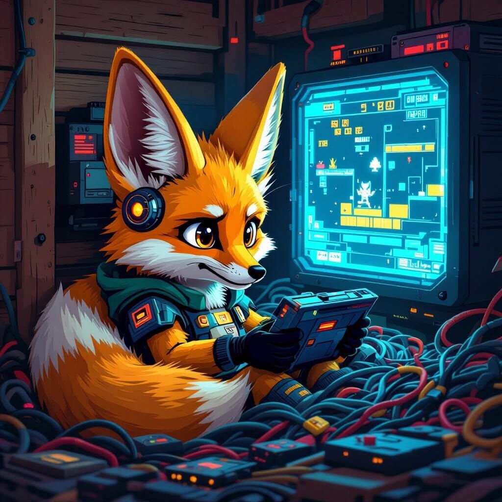 Cyberpunk Fennec Fox Enjoys Retro Arcade Games