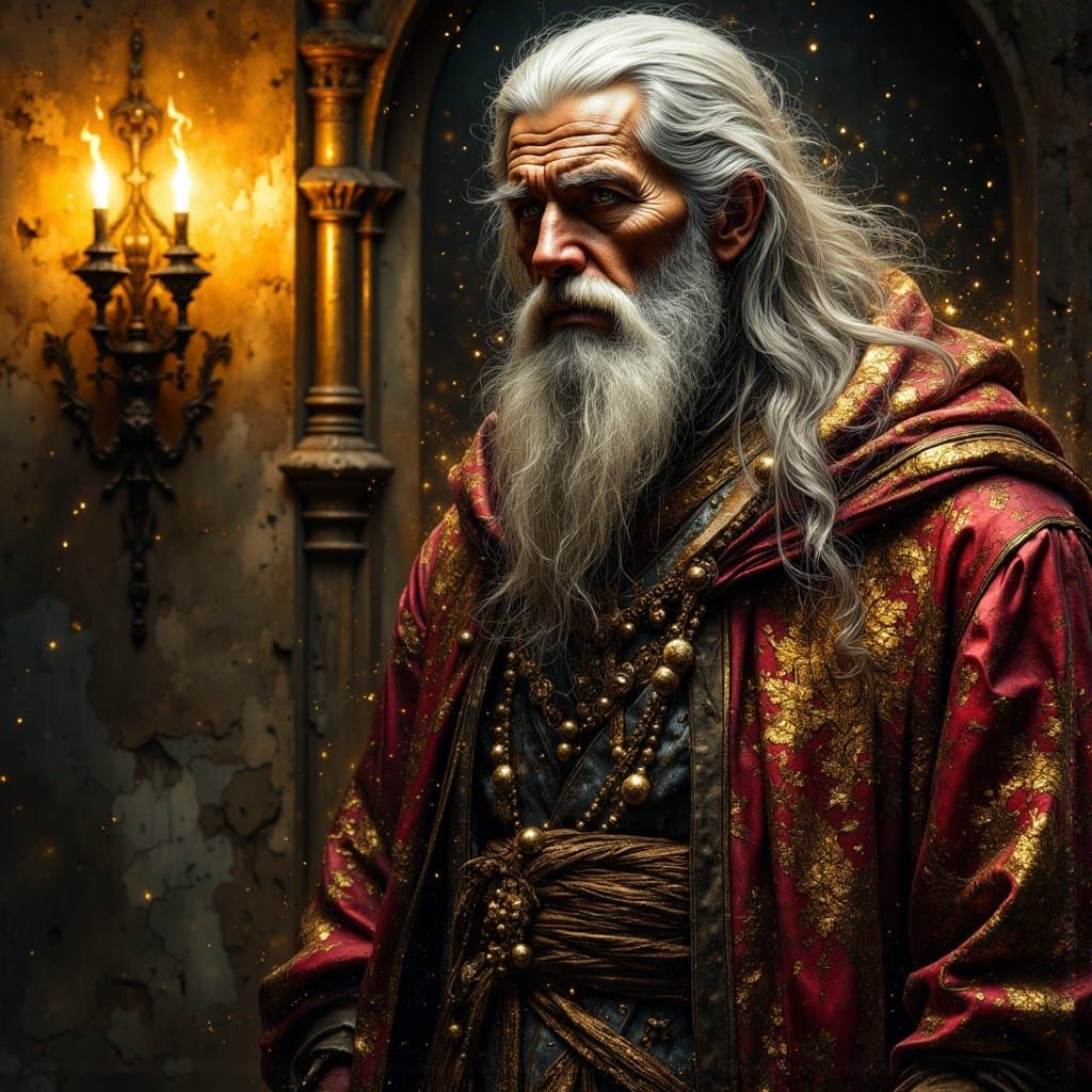 Crimson Wizard Portrait in Gothic Hall, Digital Matte Painti...