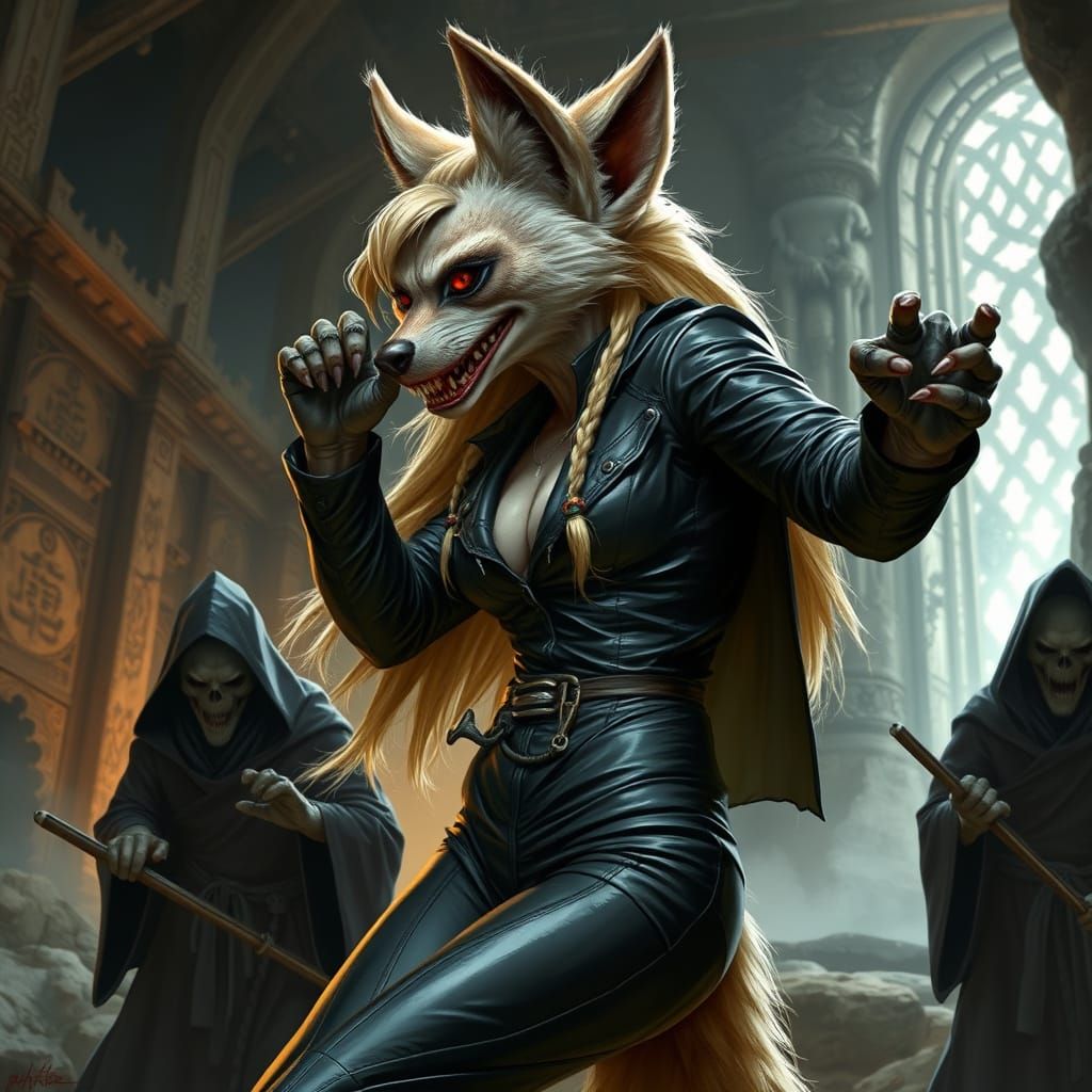 A female anthropomorphic hyena, blonde, wearing a black leather suit, fighting weird ghoulish hooded monks in a ruined B...