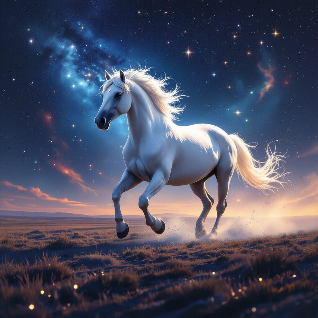 Majestic White Horse Gallops Through Cosmic Starry Plain
