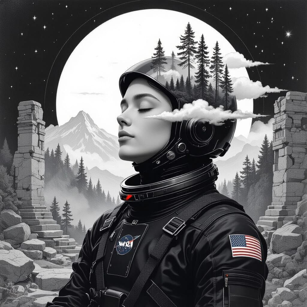 Astronaut in Ruins: Alphonse Mucha Inspired Black and White ...