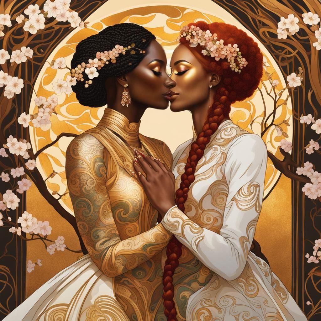 Dreamlike Lesbian Wedding in Klimt Art Nouveau Style