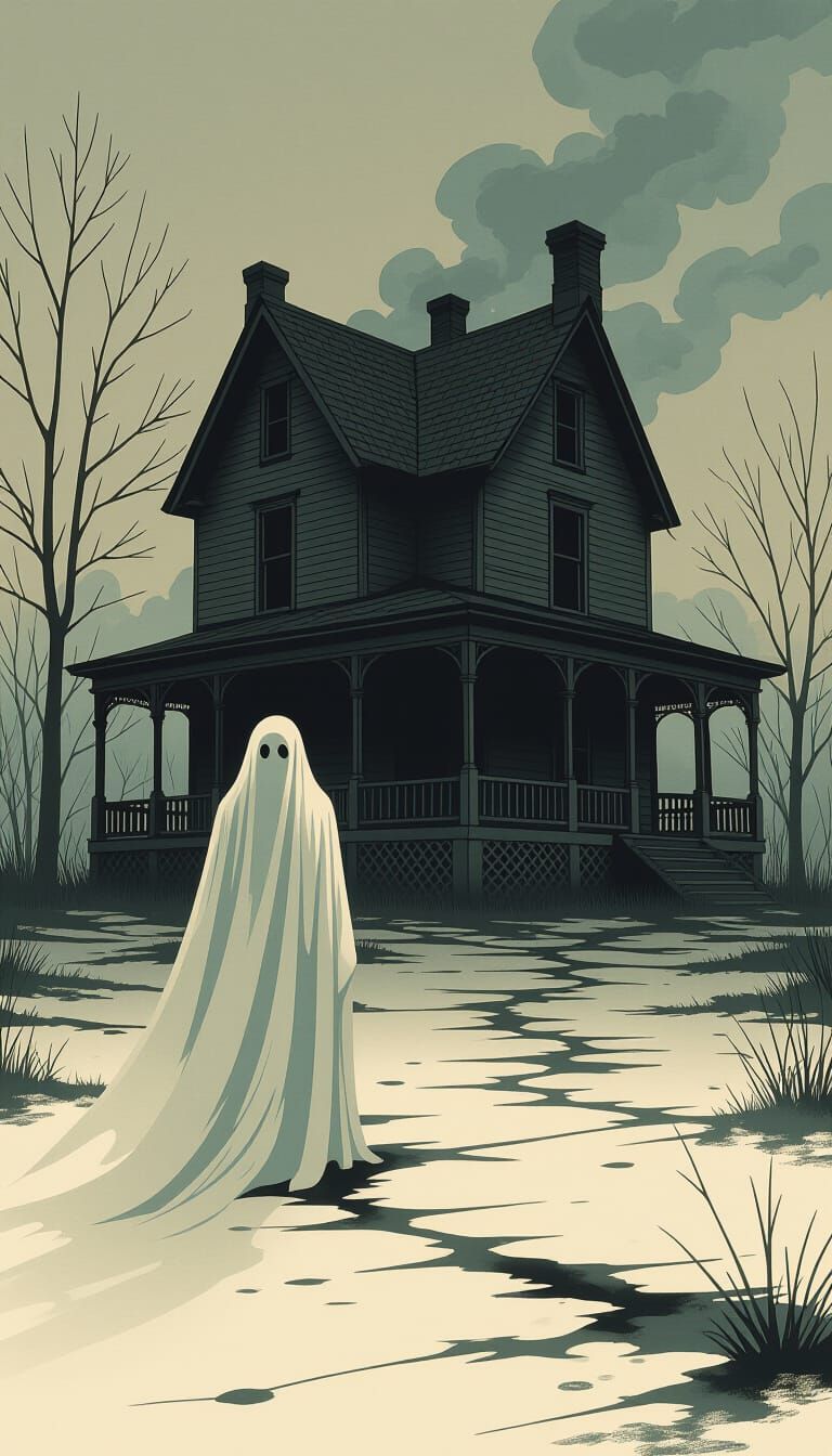 Ghost in Abandoned House: Dark Surrealist Image