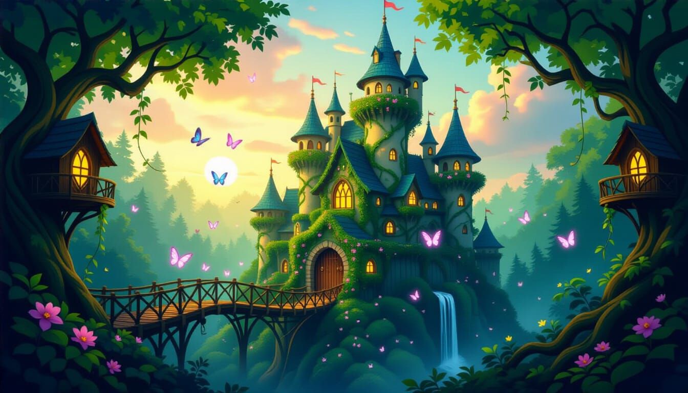 Enchanted Forest Castle at Dawn in Whimsical Fantasy Style