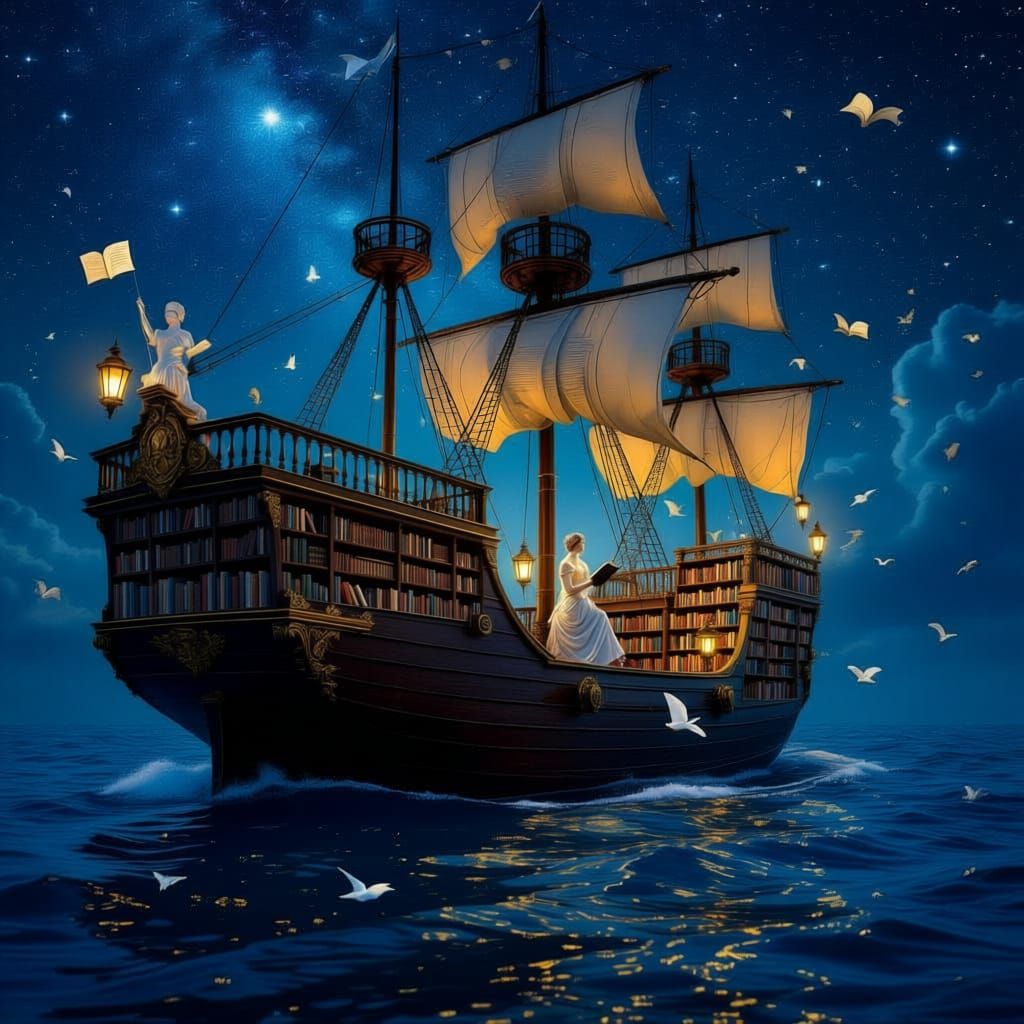 Victorian Library Ship Drifting Through Starlit Sea