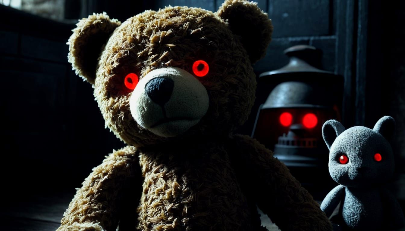 Sinister Plush Toys Plotting in Eerie Bedroom