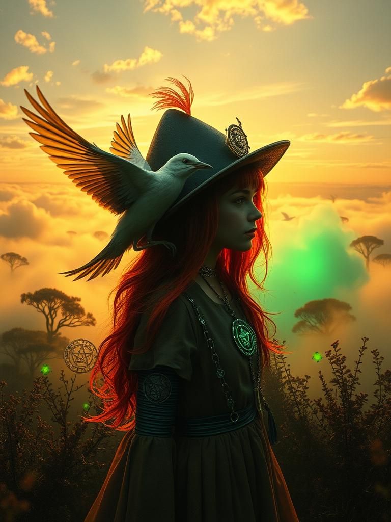 Surreal Landscape with Bird, Cyborg Girl, and Glowing Fog