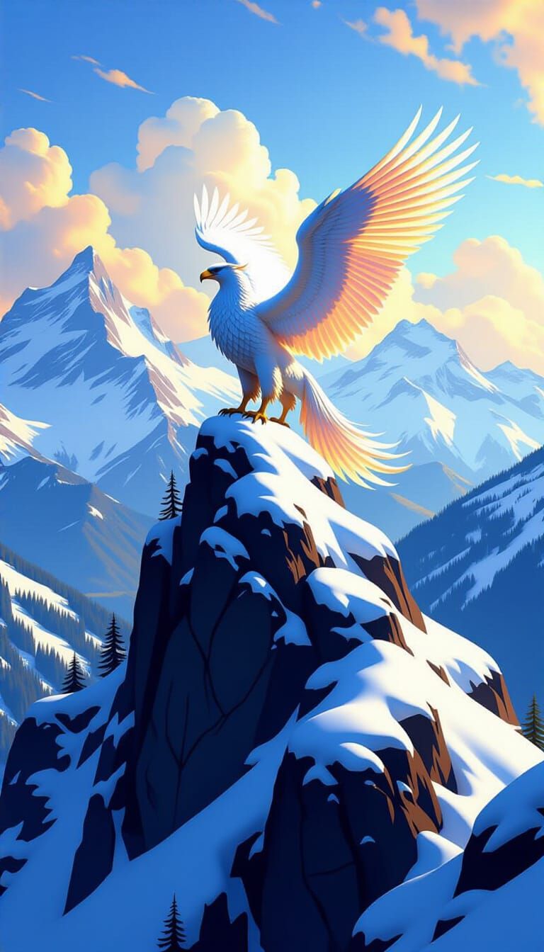 Griffin Perched on Mountain Peak in Matte Painting Style