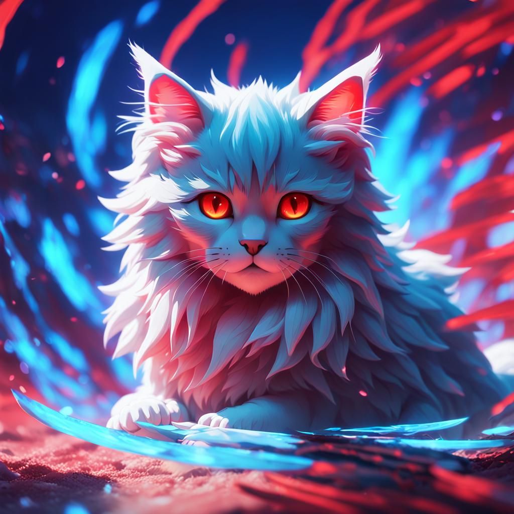 Glowing Aura Surrounds Skilled Anime Kitten in Realistic 3D...