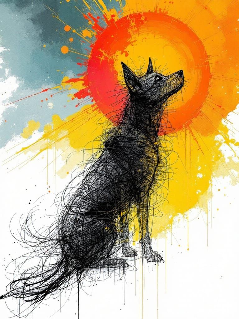 Dog Gazes at Exploding Sun in Expressive Linework Style
