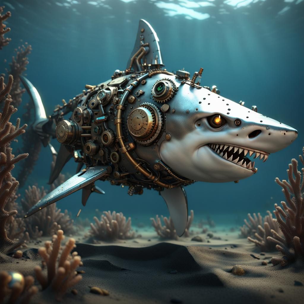 Steampunk Shark in Industrial Reef Scene