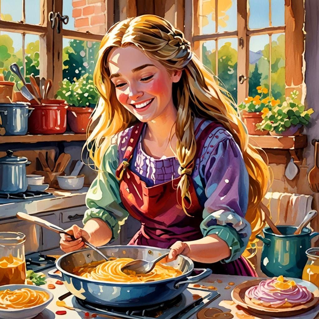 rapunzel cooking happily in the kitchen
