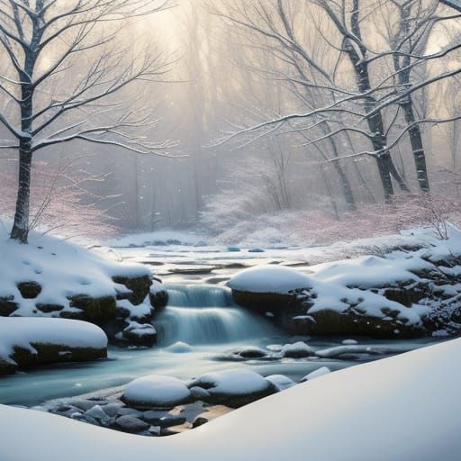 Serene Snow Woodland with Winding Stream in Ethereal Oil Sty...