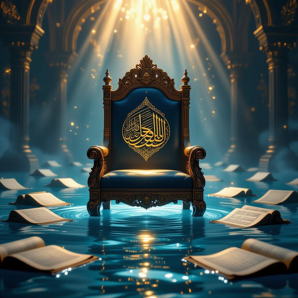 Divine Throne of Wisdom Above Shimmering Manuscripts