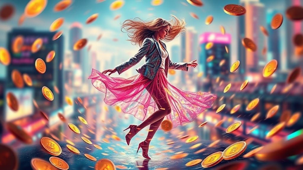 Fashionista in Cyberpunk Dance Amidst Glittering Bitcoins
