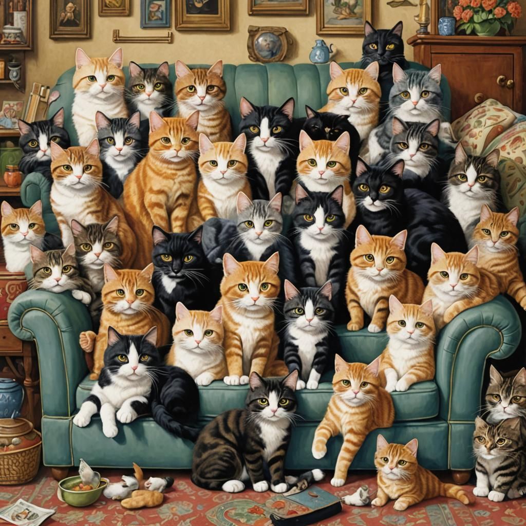 Sofa Full of Cats: Classic Animal Portrait