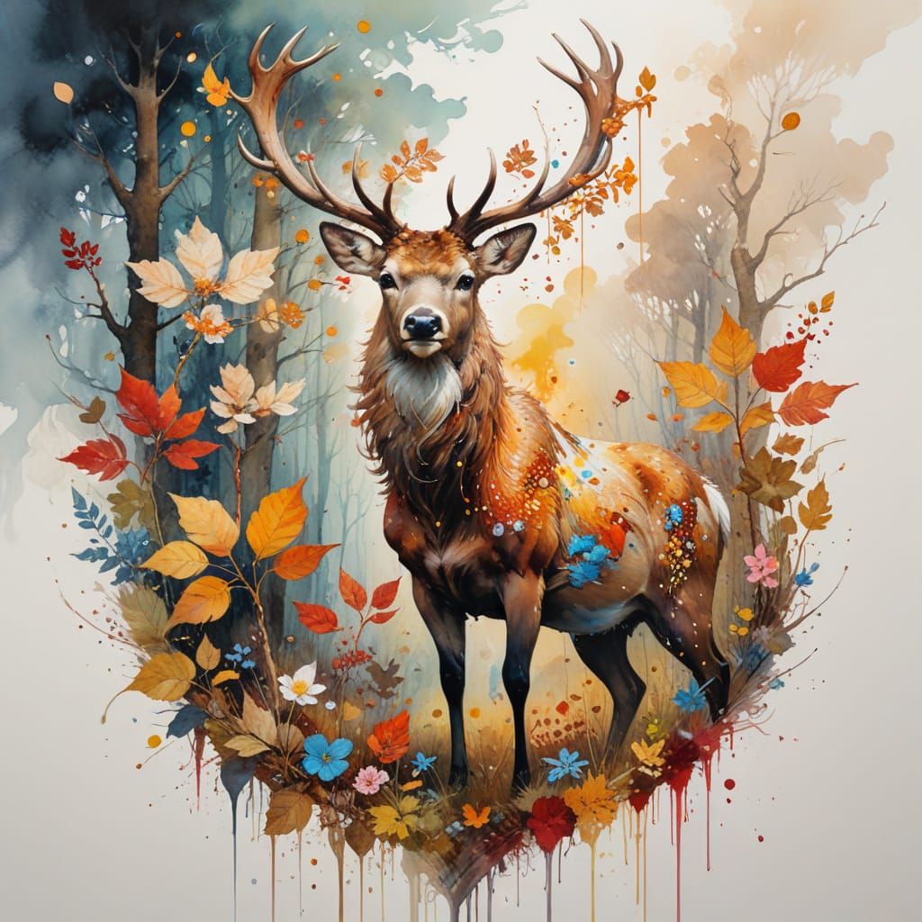 Majestic Stag in Autumn Forest, Watercolour Style