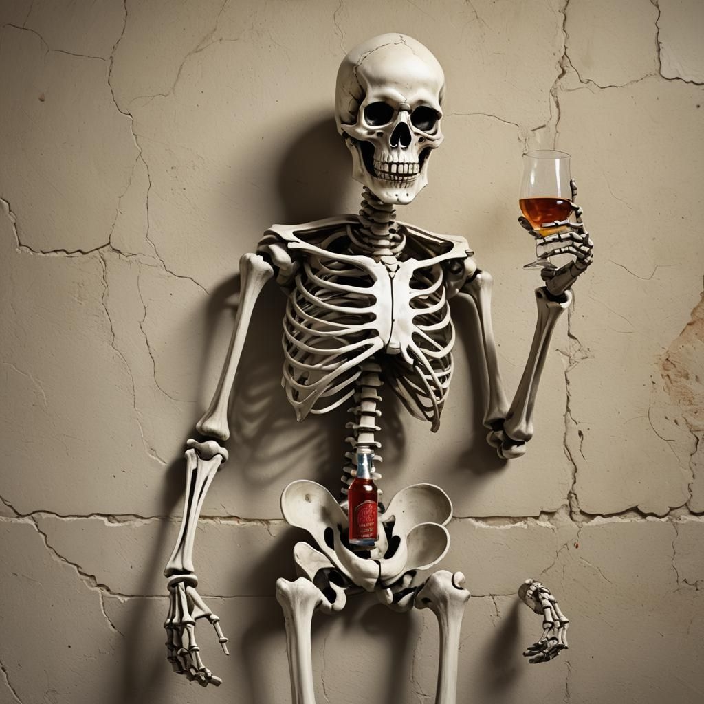 Cartoon Skeleton Character 'Skeltron' Leaning Drunk
