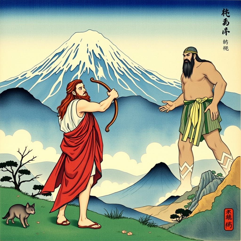 David and Goliath in Ukiyo-e Style Landscape