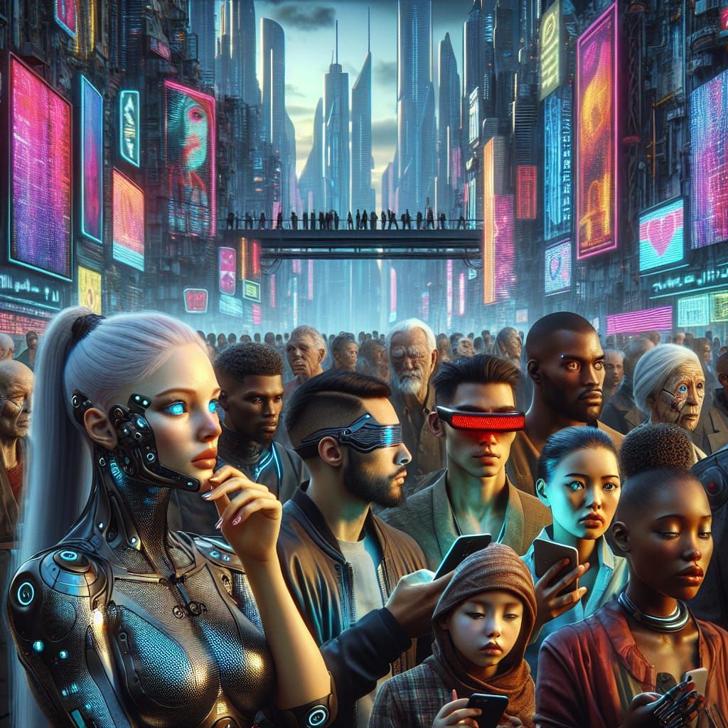 Cyberpunk Cityscape Explores Human Frailty Amidst Advanced T...