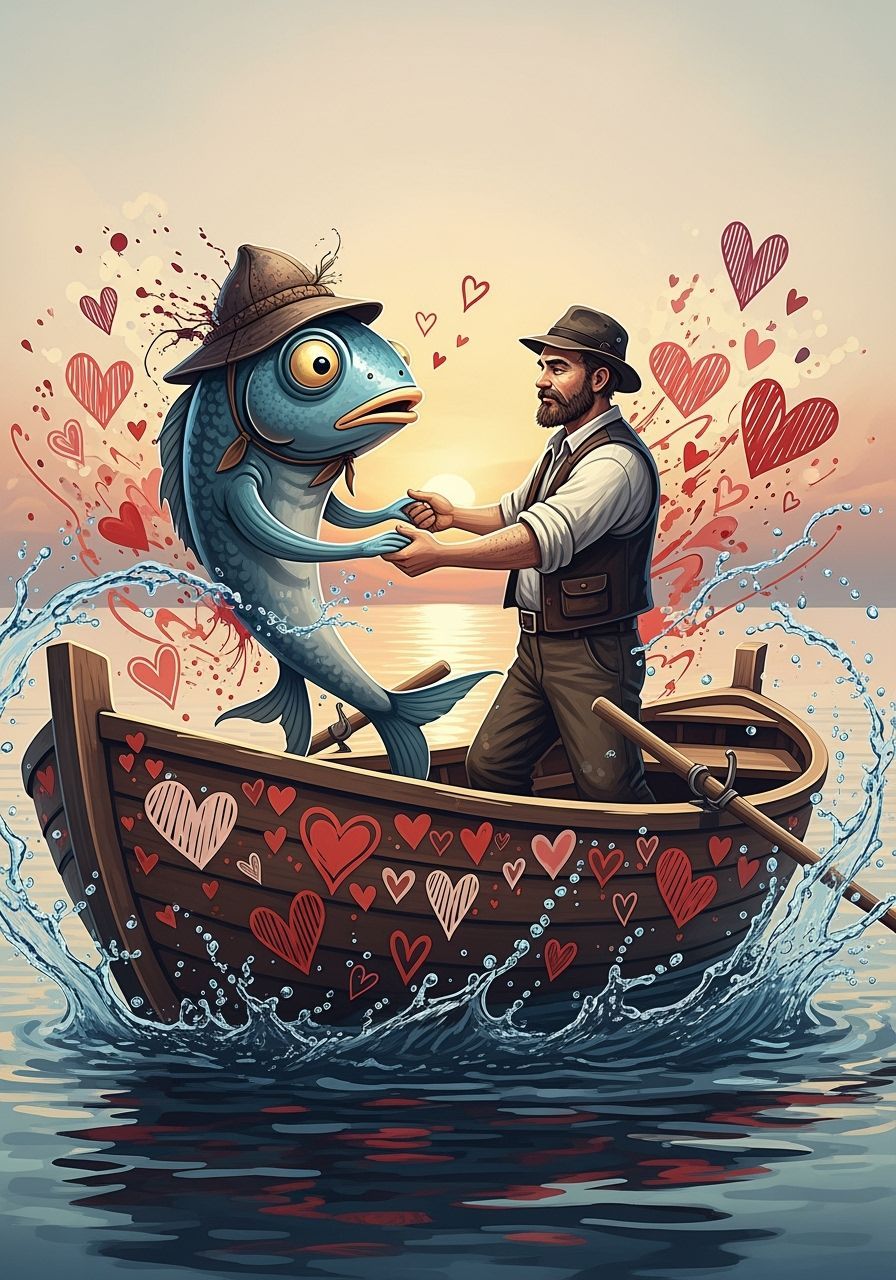 Fish and Fisherman Dancing in Boat, Splash Art Style