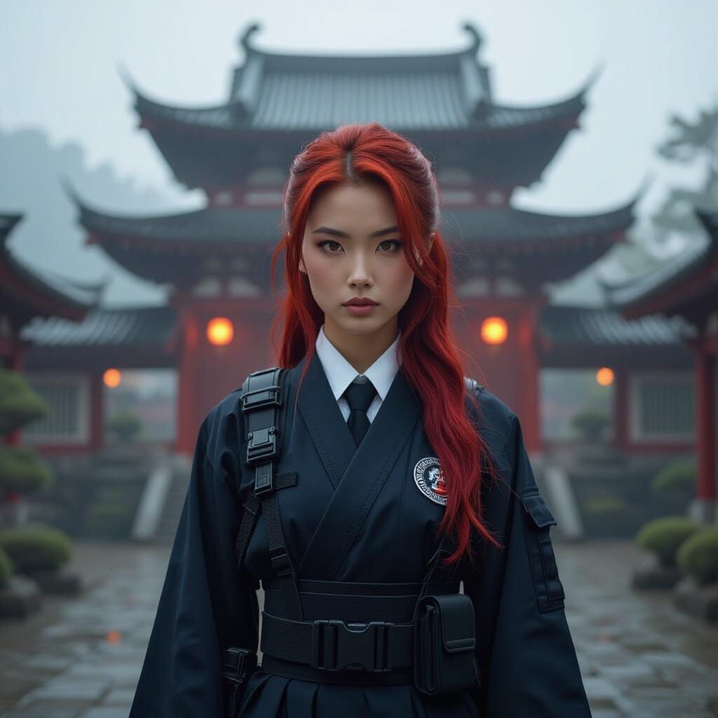 Fiery Redhead in Dojo: Cinematic 35mm Film Style