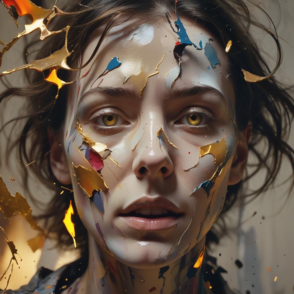 Ethereal Portrait of Disintegration in Vibrant, High Contras...