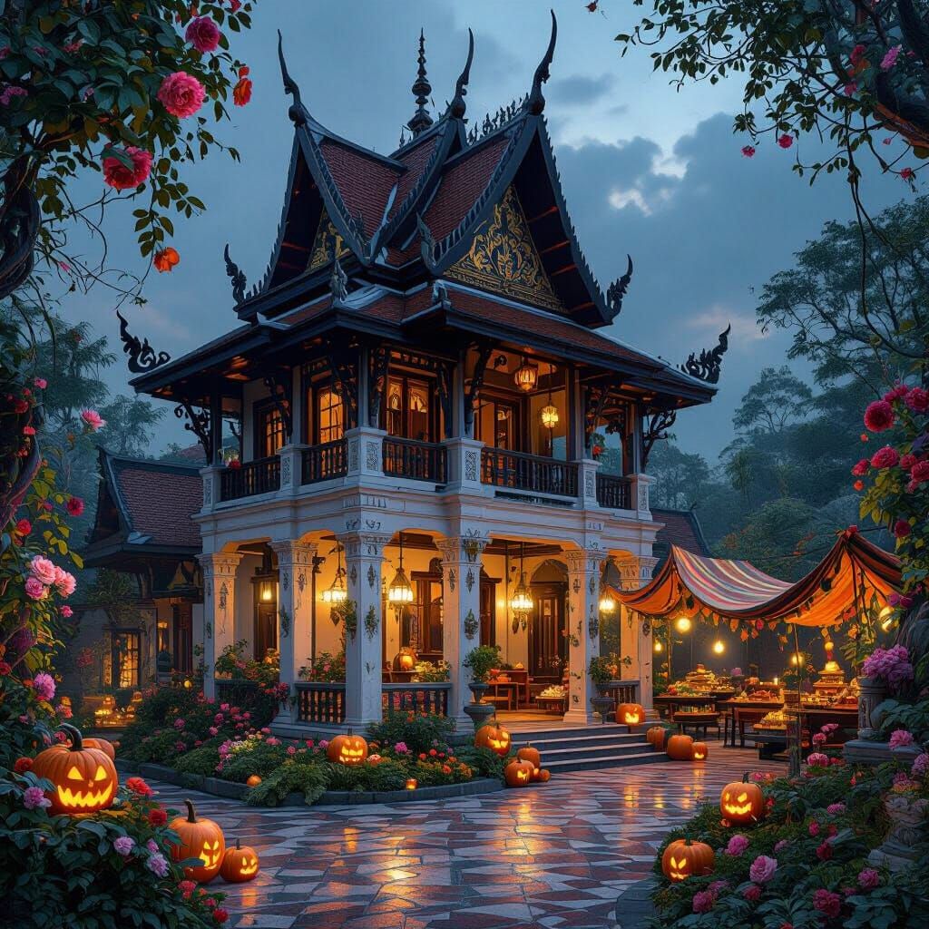 Spooky Thai Villa with Pagoda Roof and Ethereal Garden