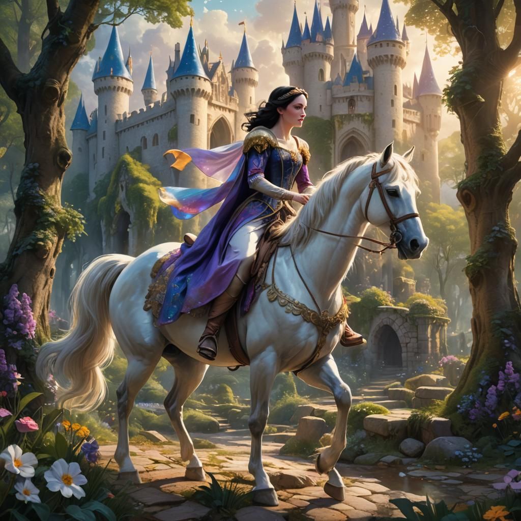 Snow White Rides Through Mystical Forest: Art Nouveau