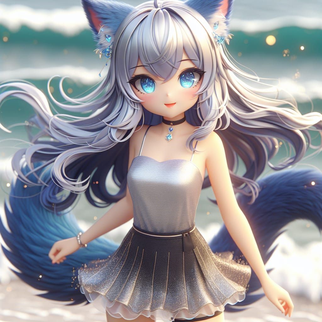 Anime Cat Girl with Blue Eyes on Beach in 3D