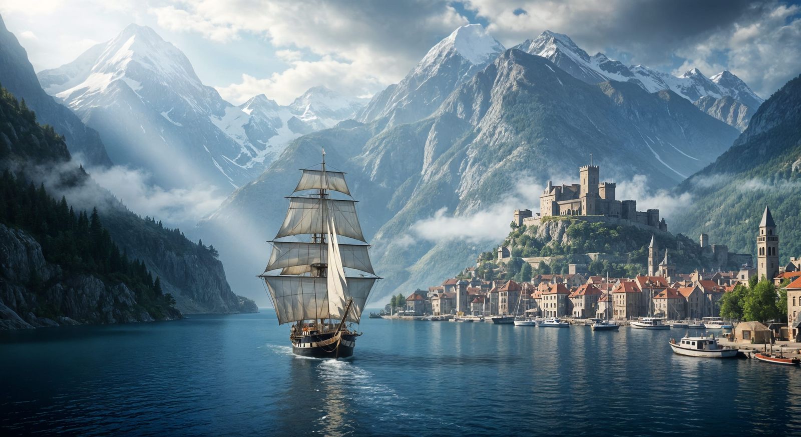 Tall Ship Arrival in Fjord Digital Painting