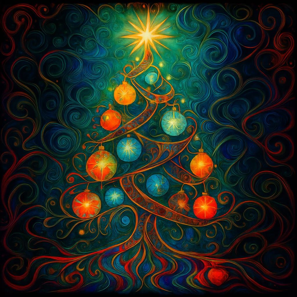 A zentangle Christmas tree decorated in baubles and lights