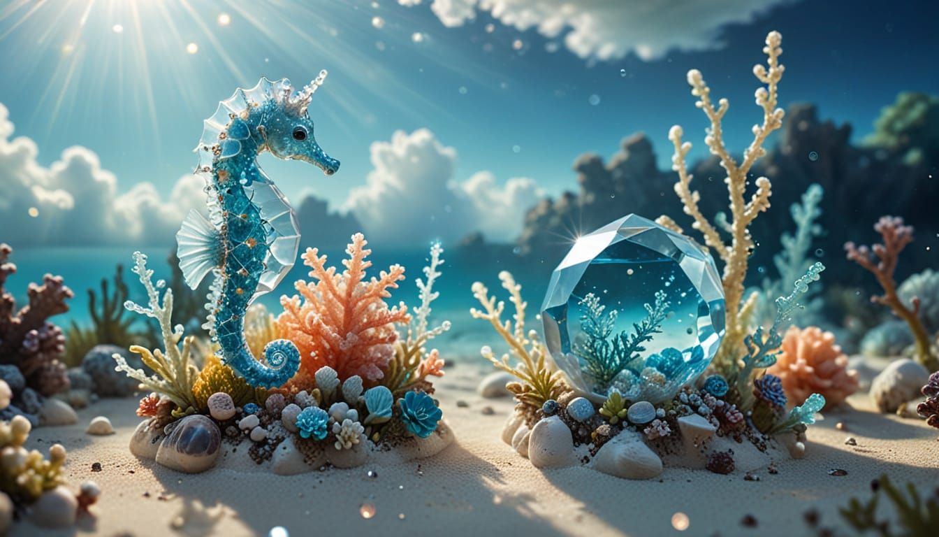 Crystal Reef Garden with Seahorse in Dreamlike Fantasy