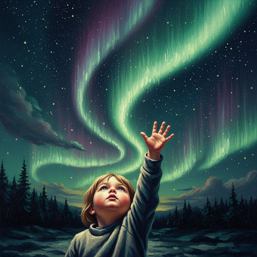 Child Reaching for Aurora Borealis in Impasto Oil Painting