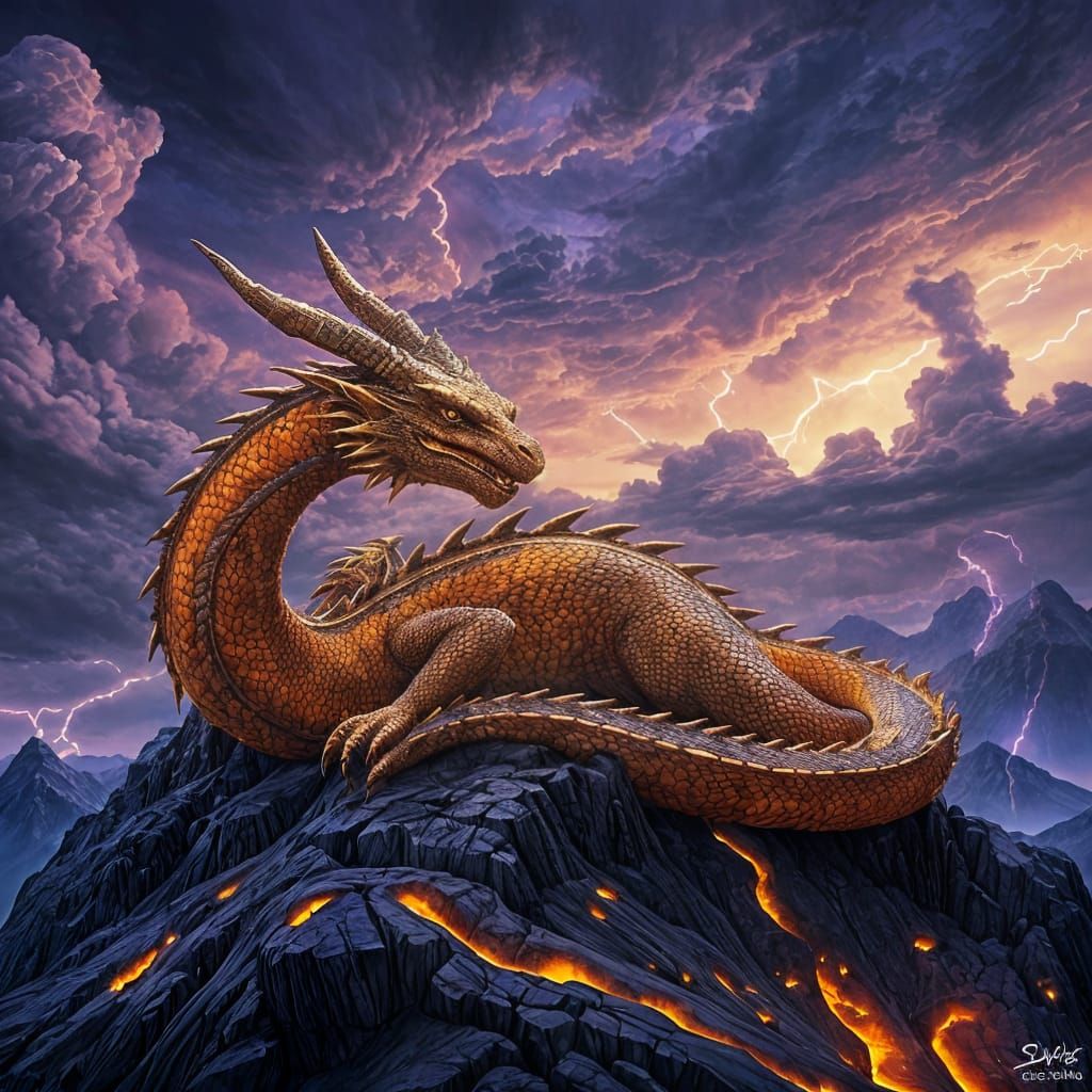 Mystical Dragon Rests Beneath Violet Skies, Coiled Amidst Gl...