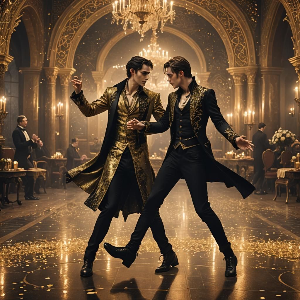 Vampires Dancing Romantically in Golden Ballroom