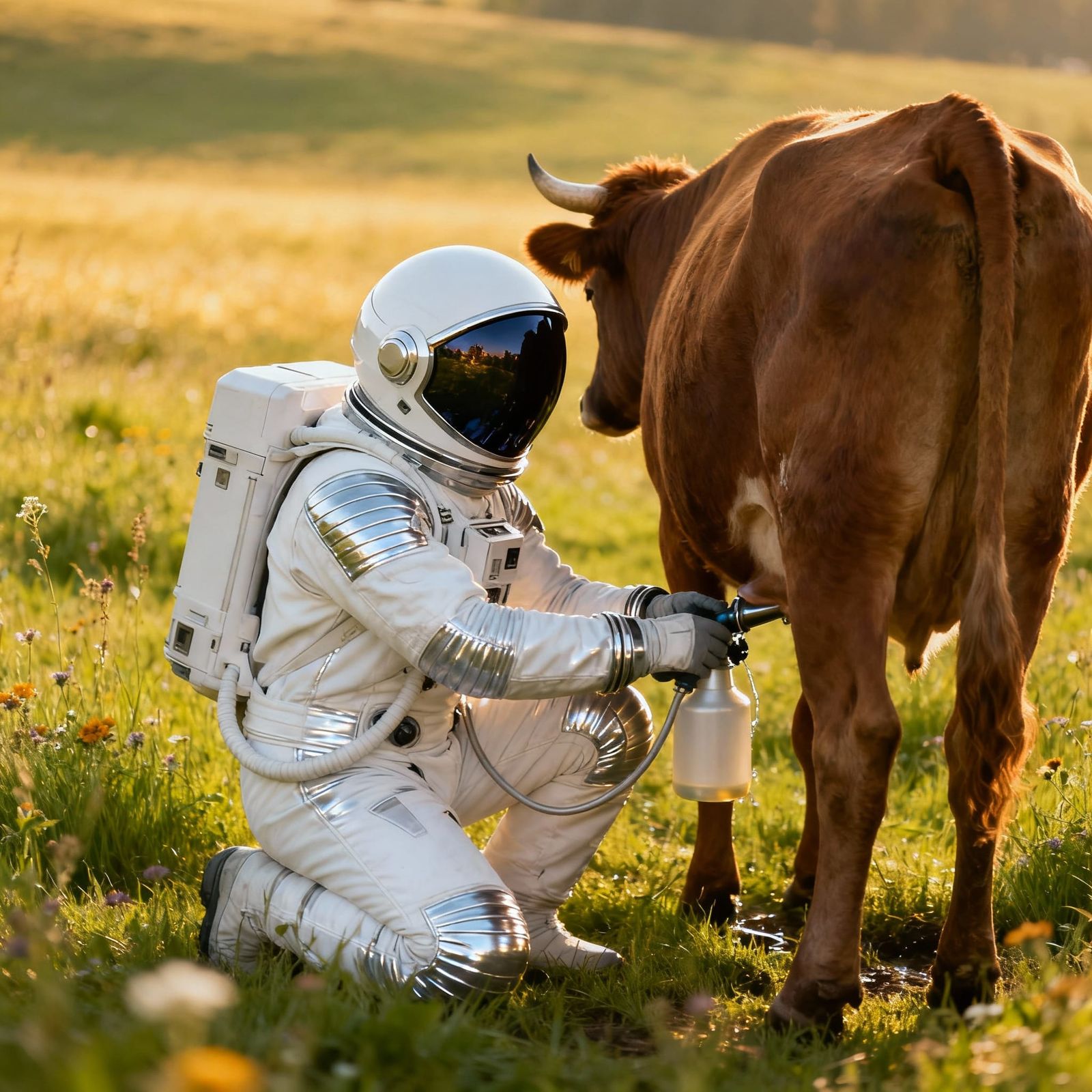 Spaceman Milking Cow in Meadow