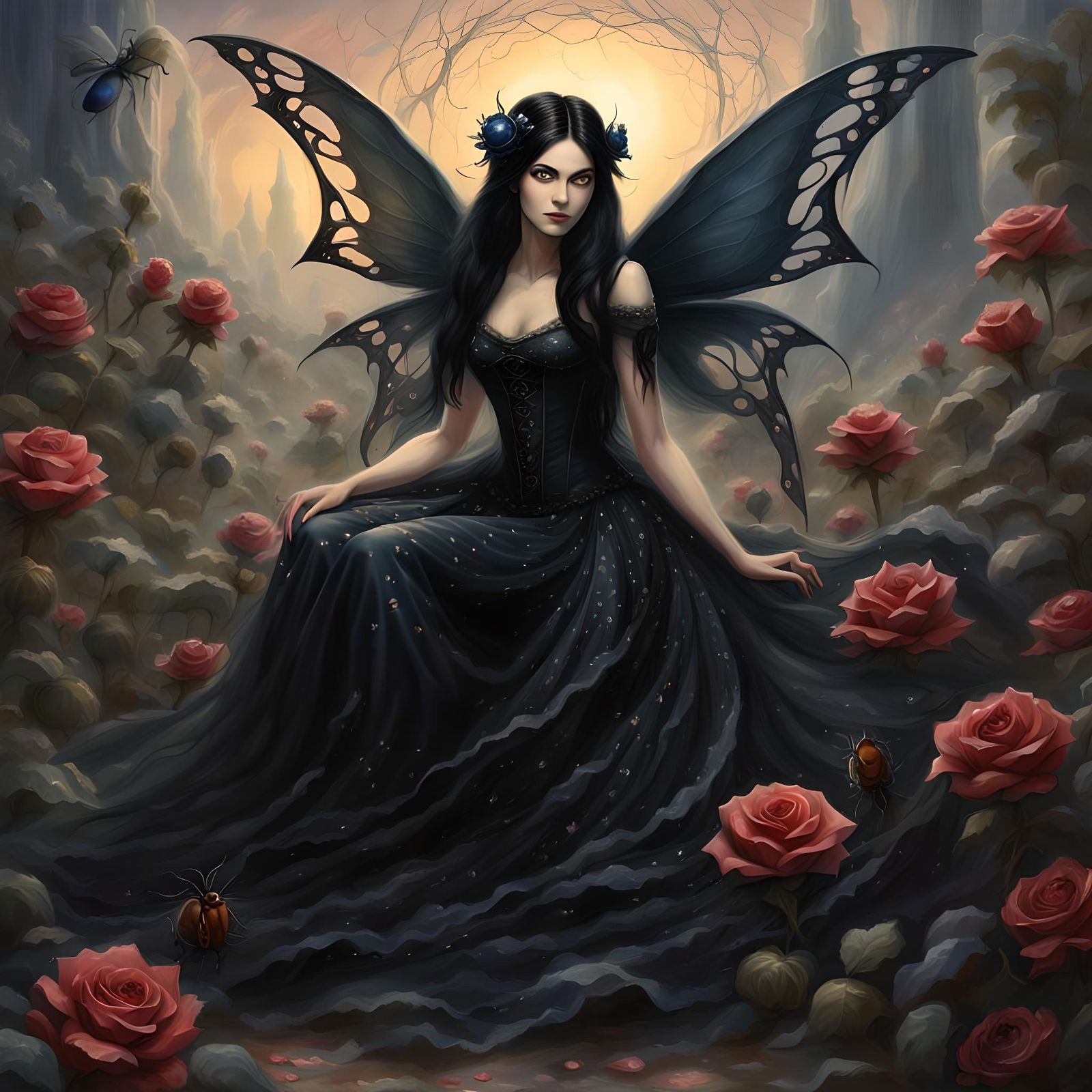 Gothic Fairy in Black Rose Garden