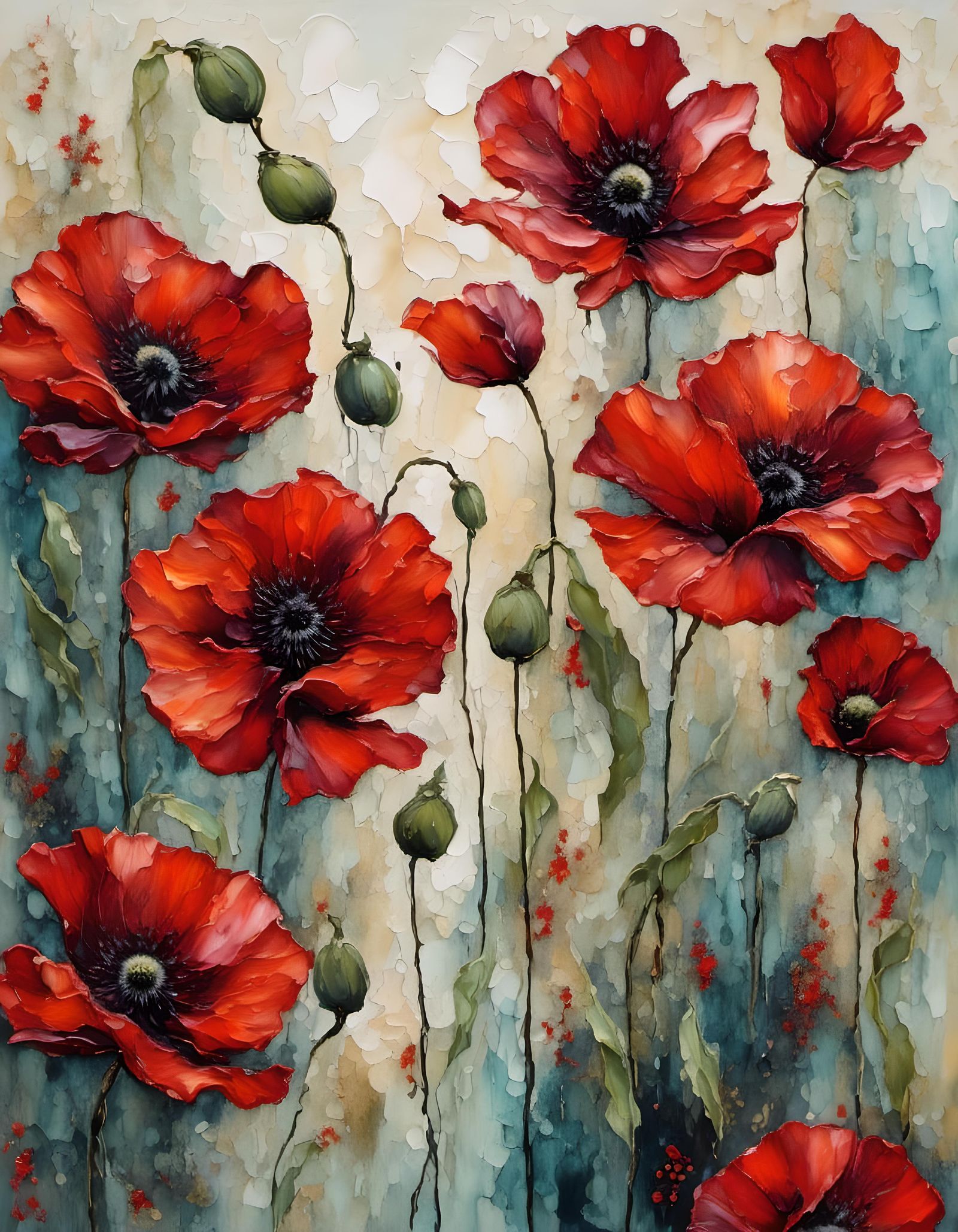abstract oil painting, white background, Red poppies composed of lines, visible brush strokes, <lora:Inkwell:1.0> in the...