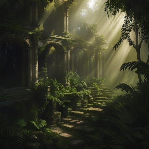 Ancient Ruins in Jungle at Golden Hour, Ink Art