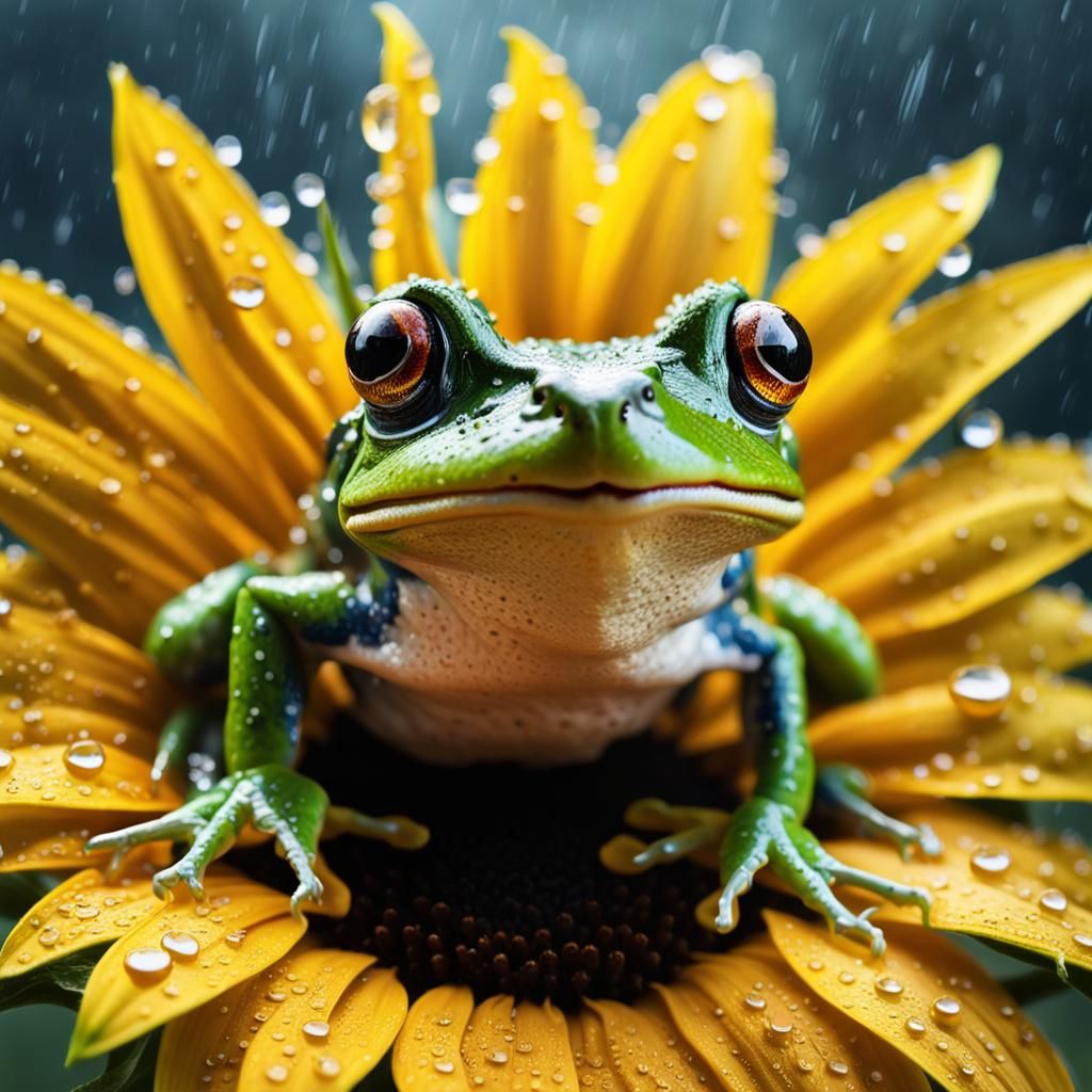 Hyperrealistic Frog Hiding Under Sunflower in Rain