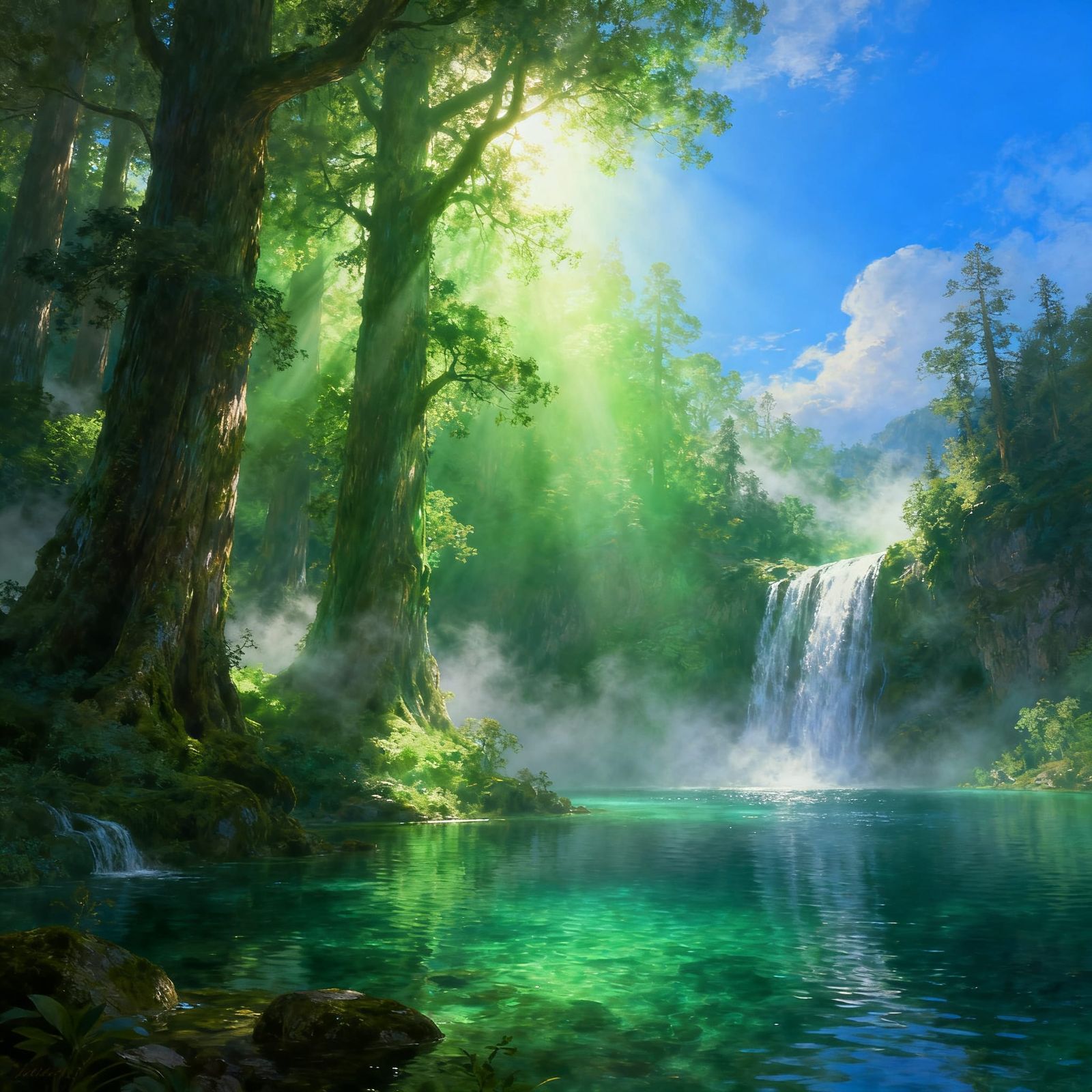 Ethereal Paradise Valley with Cascading Waterfalls and Sunli...