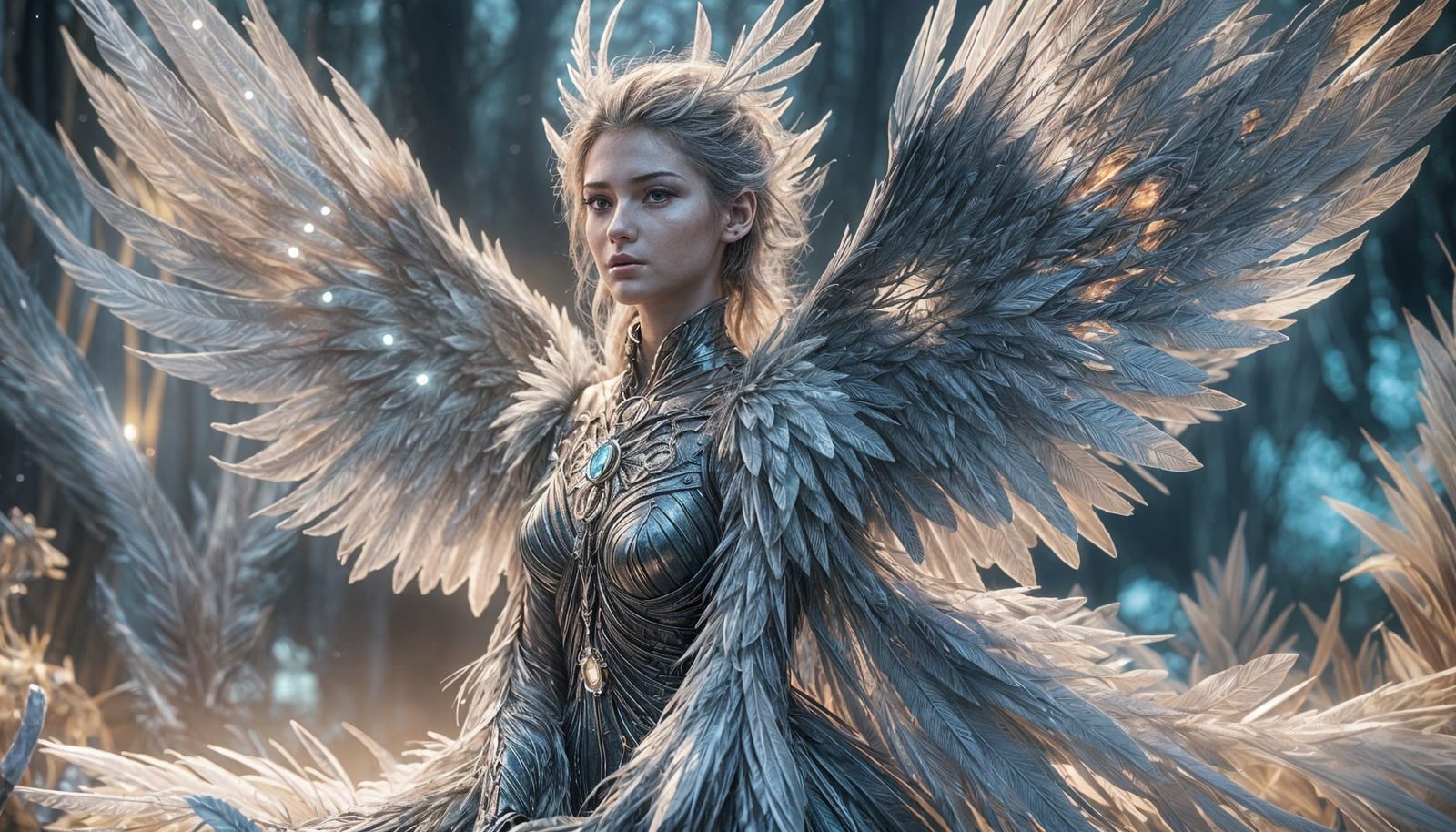 Divine Aviatrix with Iridescent Wings, Softly Lit in Etherea...