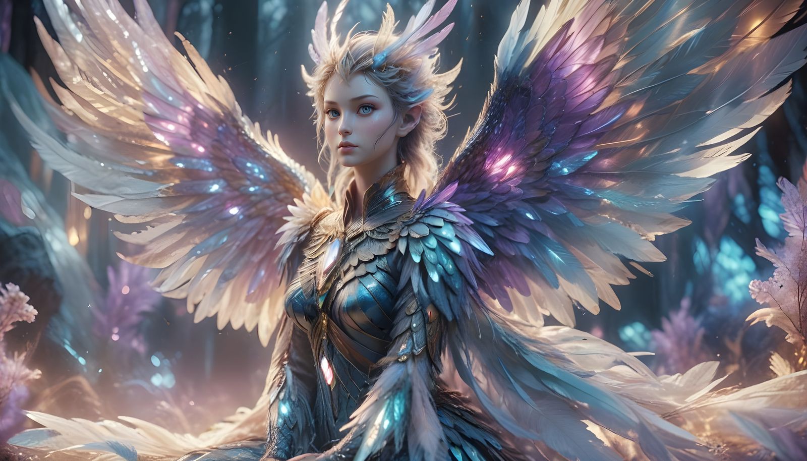 Ethereal Winged Goddess in Vibrant Crystal Feathers