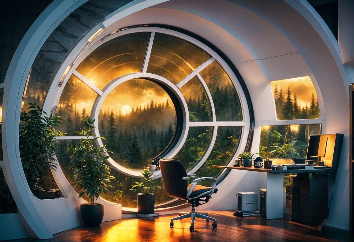 Retro-Futuristic Gaming Office Overlooking Prehistoric Fores...
